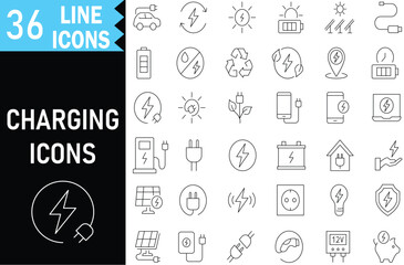 Electric Charging outline icons for EV, Battery, Renewable Power, USB, Station, Plug,Solar Panel and Cable. Editable Vector stroke pictograms. illustration EPS10