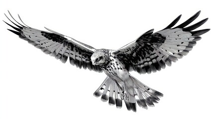 Fototapeta premium Striking monochrome illustration of a soaring bird of prey.