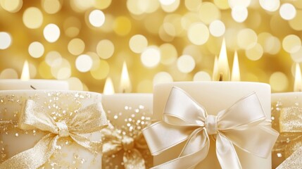 Festive candles with bows, bokeh background, holiday celebration, greeting card