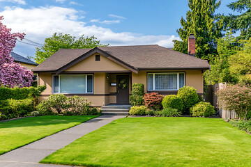 Front view of a small classic-style house with tan-colored walls and a dark roof, located in the city of Seattle, Washington, USA. 