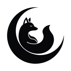 Silhouette of a fox nestled within a crescent moon, Crescent Moon and Fox Silhouette Logo
