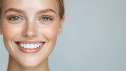 Naklejka premium Happy young woman smiling warmly, light-skinned with straight hair, featuring a minimalist background, ideal for positivity themes.