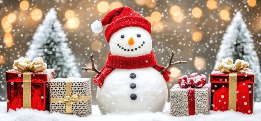 Obraz premium Festive snowman with gifts, snowy scene, winter wonderland. Holiday card
