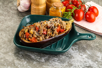 Baked eggplant stuffed meat and tomato