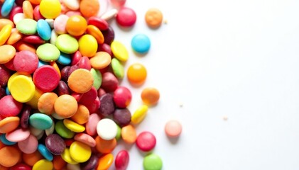 Obraz premium Pile of colorful candy and chips on white background, crispy, sweet treat