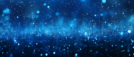 Obraz premium Futuristic cityscape background with glowing blue lights and digital grid lines on a dark blue background