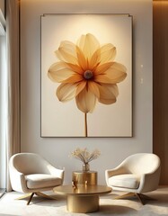 Golden abstract flower art print for living room decor. Minimalist interior design inspiration. Modern luxury style with golden coffee table. White armchairs with minimalistic design.