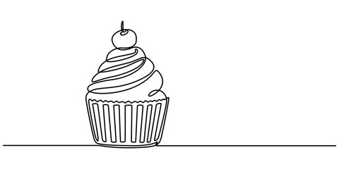 Cupcake Continuous Line Icon, Cupcake with cream and cherries in continuous one line drawing. Minimalist dessert illustration, Muffin cake with strawberry and colored shapes. One single line style.