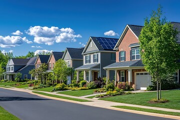 A quiet suburban neighborhood with homes featuring solar panels installed on their roofs, promoting sustainability