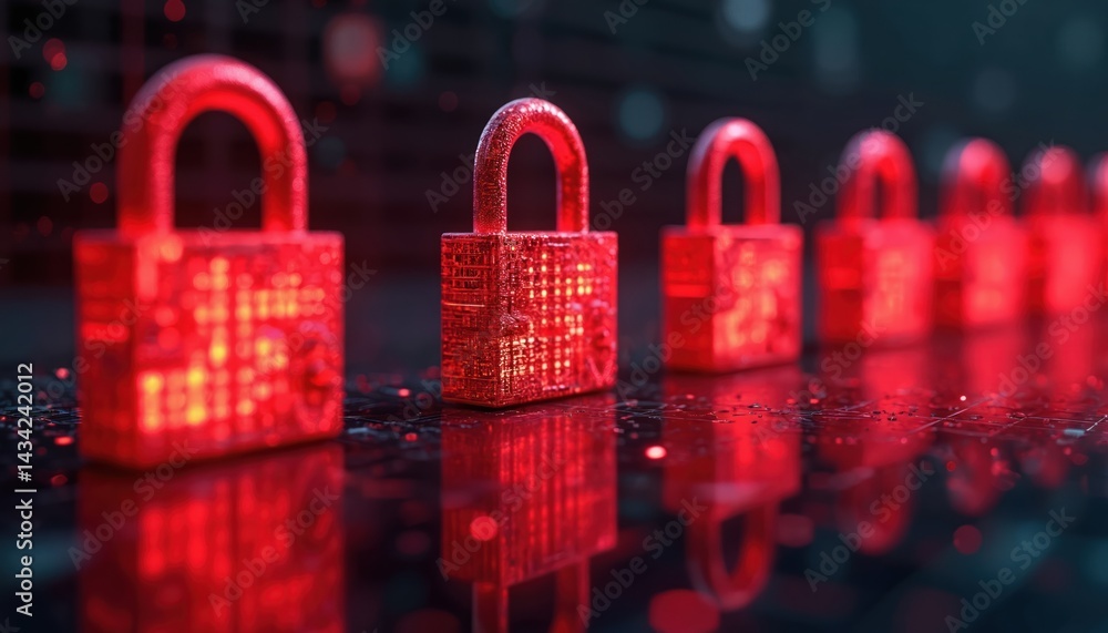 Poster row of glowing red padlocks on dark background. cybersecurity concept data protection privacy online