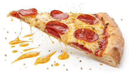 Hot and Cheesy Pepperoni Pizza Slice with Melted Cheese Stretching, Topped with Spicy Pepperoni on a Golden Brown Crust for a Tempting and Irresistible Comfort Food Indulgence
