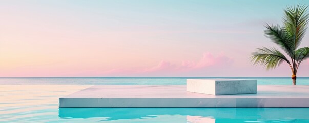 Obraz premium A serene, minimalist scene featuring a pool with a square platform and a palm tree against a pastel sky at sunset.