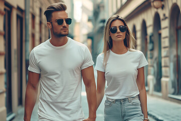 Man and woman wearing white t-shirt
