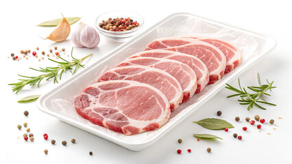 Fototapeta premium Fresh Raw Pork Chops Neatly Arranged on a Tray, Accompanied by Aromatic Herbs and Spices Including Rosemary, Garlic Cloves, Bay Leaves, and Peppercorns for a Rustic Culinary Presentation