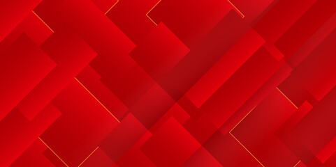 Red trendy overlapped geometric rectangular shapes with golden stroke background, This abstract vector illustrator background design can be used as business or any technology presentation, banner etc.