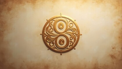 Naklejka premium Golden yin yang motif on aged paper. Celestial balance of Chinese harmony, elegance, ancient style. Circular design with stylized shapes. Artwork for meditation spiritual practice.