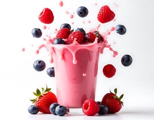 berry smoothie yogurt pink in a clear glass splashes and berries of raspberries, strawberries, blueberries near on a white background separately