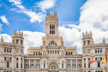 Close up with the facade of Cybele Palace (Palacio de Cibeles) in the center of Madrid.