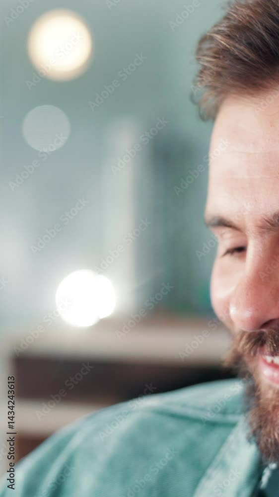 Aufkleber Creative, reading and smile with business man in office for design or web development. Computer, programming and virtual with happy designer in workplace for review of code, language or script