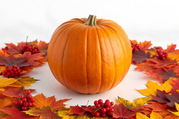 Autumn Pumpkin with Fall Leaves and Berries