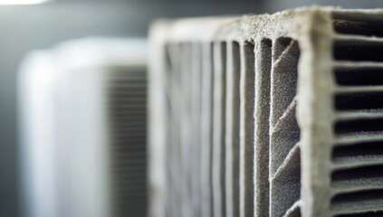 Close-up of a dirty air conditioner filter with visible dust and debris