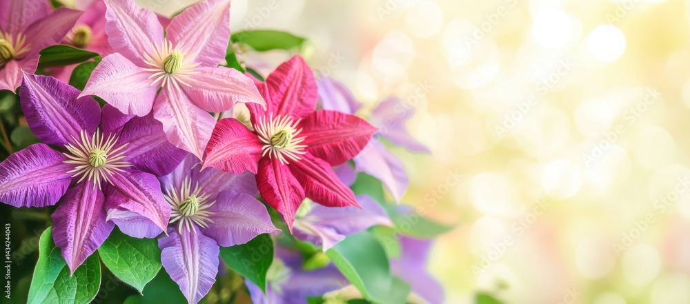 Poster beautiful clematis flowers in the garden on a green background with sun rays and a bokeh effect, sui