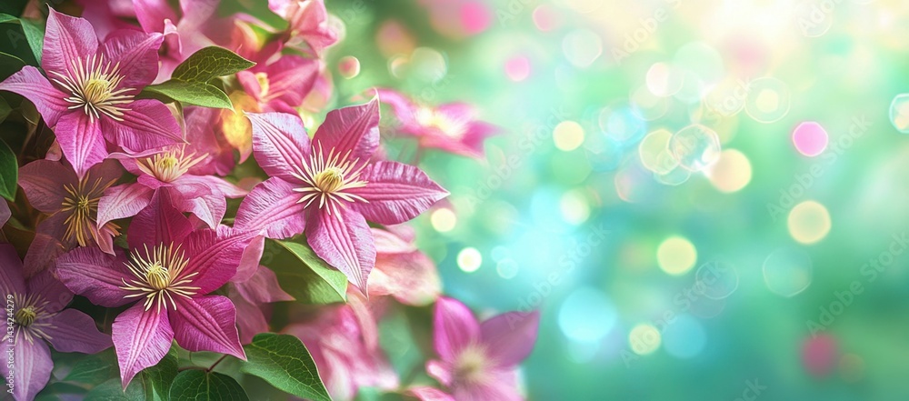 Poster beautiful, blooming clematis flowers in the garden on a green background with sun rays and a bokeh e