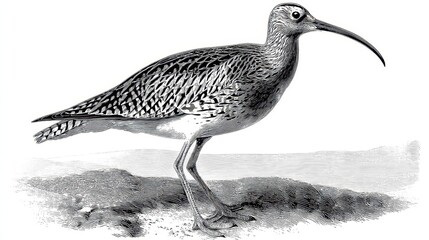 Fototapeta premium Side view of a speckled shorebird in grayscale illustration.
