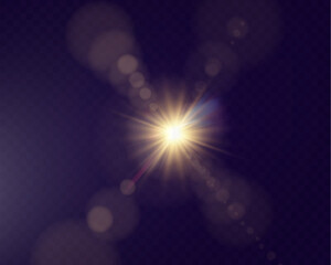 Abstract glowing starburst light with golden rays on dark purple background, creating a soft, radiant, and dynamic effect. Perfect for designs, backdrops, or visual themes.	

