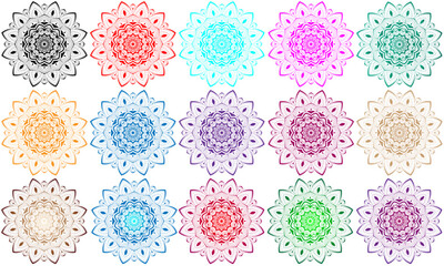 Mandala set design with red, cyan, green, yellow, magenta, violet, golden, silver, black colour | Creative mandala icon with circle, floral line shape for card, cover, greeting, decoration, business