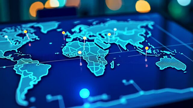 Interactive display, digital map, global tracking. Tech navigation. Networks connect across vast distances. Data streams enable efficient travel. Satellite accuracy improves global communication.