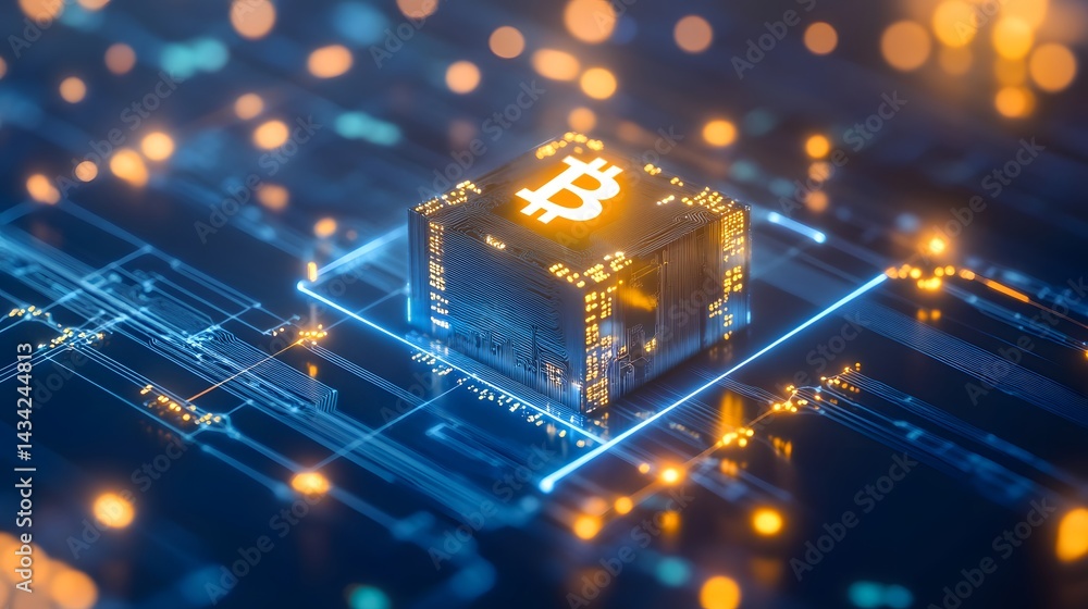 Aufkleber bitcoin microchip: a stylized 3d rendering captures the essence of digital currency within a glowing
