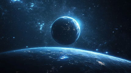 Stunning view of Earth from space with illuminated surface and cosmic stars, the planet against a dark starry universe creating a captivating celestial scene