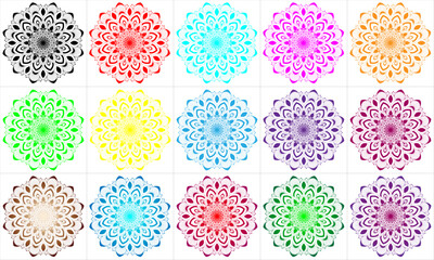 Mandala set design with red, cyan, green, yellow, magenta, violet, golden, silver, black colour | Creative mandala with circle, floral shape for card, badge, cover, greeting, decoration, business