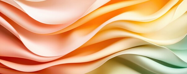 Obraz premium A vibrant display of flowing, layered fabric in soft peach, orange, and green hues, creating a sense of movement and elegance.