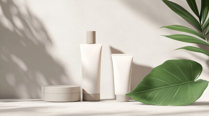 Minimalist skincare products with white bottles and containers on a clean surface with large tropical leaves and natural shadows creating a fresh aesthetic