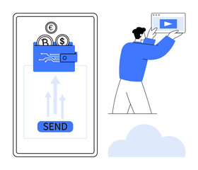 Smartphone interface with crypto wallet, coins, and Send button. Man holding a screen with a play button. Ideal for fintech, app design, e-commerce, cryptocurrency, digital payments technology