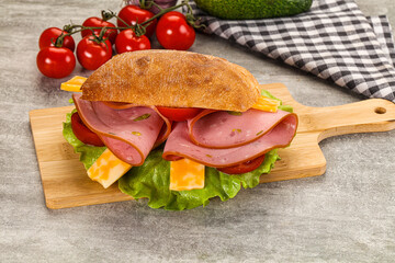 Sandwich ciabatta with mortadella and cheese