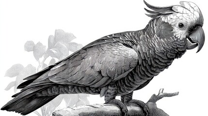 Detailed grayscale illustration of a majestic cockatoo perched on a branch.