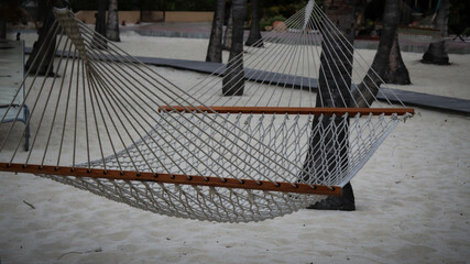 macro close-up of a rope hammock with palm trees and walking path in the background © Caroline
