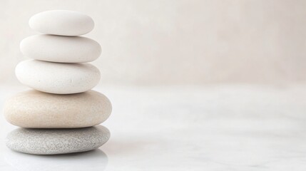 Stacked natural stones, tranquil balance of smooth pebbles, perfect for wellness and mindfulness themes, soft neutral background.