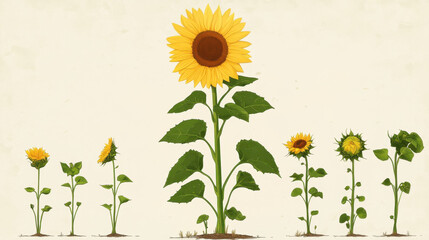 Beautiful sunflower growth stages from small sprouts to fully blooming large sunflower plant with bright yellow petals and green leaves on neutral background