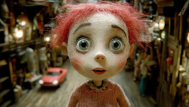 Girl, stop-motion animation, city street, curious expression, film still