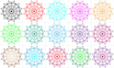 Mandala set design with red, cyan, green, yellow, magenta, violet, golden, silver, black colour | Creative mandala with gradient circle, floral shape for card, cover, greeting, decoration, business