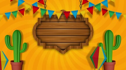 festa junina animated background with wooden signboard, cactus, colorful pennants and lanterns