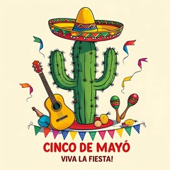 Celebrate Cinco de Mayo Spirit: Cheerful Cactus with Sombrero, Guitar, Maracas, and Festive Bunting