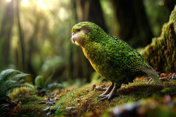 Close-up of a rare, mossy green kakapo parrot standing on a lush forest floor, bathed in soft natural light. AI generative.