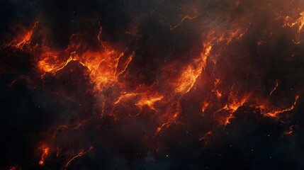 Fiery nebula with swirling orange and red gas clouds in space.