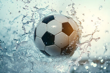 Dynamic Splash, A Highly Detailed Realistic Depiction of a Soccer Ball in Motion, Surrounded by Splashes of Water, Evoking Energy and Excitement