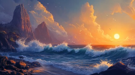 Fototapeta premium Vibrant sunset over dramatic coastal cliffs with crashing waves.